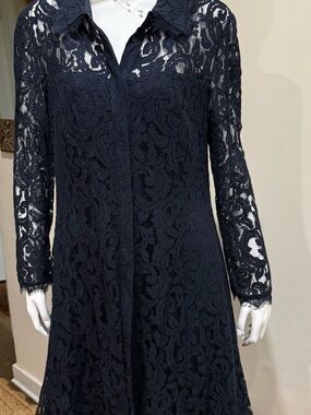 Nanette Lepore Navy Lace Shirt Dress Size 14 Sheer Floral Lace A-Line Midi Dress